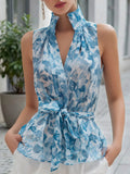 Women's Abstract Print V-neck Sleeveless Loose-fit Chiffon Top
