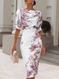 Women's Short-sleeve Boat-neck Pencil Dress With Placed Print — Casual Slim Fit