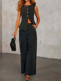 Denim Button Sleeveless Vest & Wide Leg Jeans 2Pcs Set