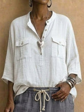 Women's Solid-color Cotton-linen Shirt With Pocket And Henley Collar