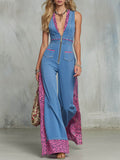 Women's V-neck Sleeveless Denim Jumpsuit With Leopard Print Paneling And Wide Legs