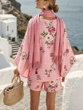 Women'S Casual Vacation Printed Loose Top, Shorts, And Scarf Set