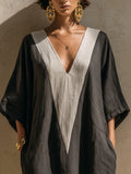 Color-block Linen-blend Loose Maxi Robe Dress