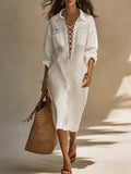 Women's Deep V Cross Strap Cotton Linen Maxi Dress