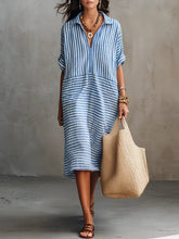 Women's Striped Art Casual Fashion Cozy Lapel Cotton Linen Dress