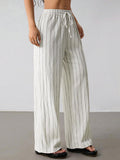 Women's Casual Striped Contrast Trim Drawstring Elastic Waist Wide-leg Pants