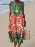 Women's Vintage Floral Pattern Art Print Sleeveless Cotton Pocket Wrap Dress