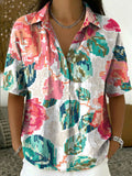 Women's Vintage Botanical Floral Casual Polo Collar Short-sleeved Linen And Cotton Shirt