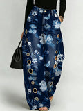 Vintage-style Elegant Floral Decorative Pattern Women's Cotton Denim Pants