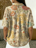 Women's Vintage Botanical Floral Casual Polo Collar Short-sleeved Linen And Cotton Shirt
