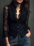 Women's Solid-color V-neck Long-sleeve Top With Lace Splicing — Casual Loose Fit