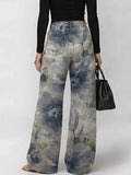 Women's Vintage Ink Wash Art Flowers Print Casual Fashion Cutout Jeans