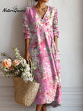 Women's Vintage Floral Art Print Cotton And Linen Pocket Dress