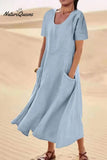 JFN Cotton & Linen Solid Color Loose Casual Pocket Dress