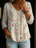 Pastoral-style Paisley Floral Shirt — Loose-fit, Breathable V-neck Top With 3/4 Sleeves (versatile Style)
