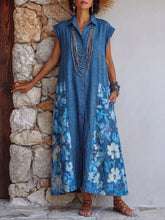 Vacation-style Retro Floral Patchwork Cotton-linen Midi Dress