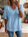 Casual Short-sleeve Raw-hem Linen-blend Top