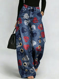 Heart-graffiti Print, Metal Eyelet, Curved-seam Wide-leg Jeans