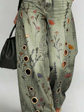 Women's Retro Floral Art Print Casual Stylish Hollow Denim Pants