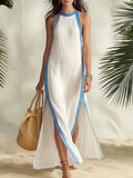 Casual Color-block Striped Sleeveless Linen-cotton Dress With Side Slits