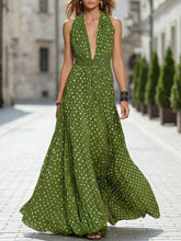 Retro Polka-dot Halter-neck Deep V-neck Pleated Maxi Dress