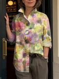 Women's Abstract Watercolor Floral Print Cotton Shirt — Turn-down Collar, Long Sleeves, Relaxed Fit