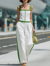 White & Green Trim Linen Cotton Square Neck Camisole & Wide Leg Pants Set