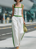 White & Green Trim Linen Cotton Square Neck Camisole & Wide Leg Pants Set