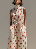 Polka-dot Sleeveless High-neck Cropped Wide-leg Jumpsuit