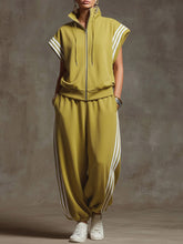 Women's Solid Color Stand-collar Short-sleeved Casual Loose Cotton Top And High-waisted Wide-leg Cotton Pants Set.