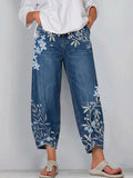 Women's Artistic Flowers Print Casual Cotton Denim Pants