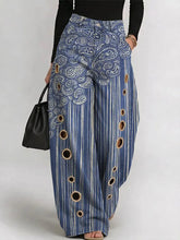Women's Vintage Paisley Striped Pattern Print Casual Fashion Cutout Jeans
