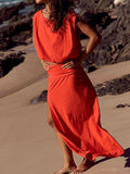 Women's Solid-color Casual Vacation Two-piece Set: Slit Skirt & Sleeveless Shirt