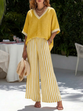 Casual Two-piece Set: Striped Linen & Cotton Patchwork Top And Striped Trousers— Look Put Together in 5 Seconds