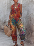 Women's Vintage Art Print Casual Jumpsuit