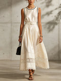 Elegant Sleeveless Linen And Cotton Dress With Lace Splicing