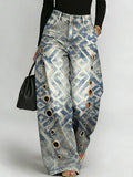 Women's Retro Geometry Print Casual Fashion Cutout Jeans