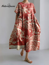Japanese Art Plum Blossom Printed Crew Neck Casual Midi Dress