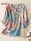 Women's Vintage Floral Patchwork Pattern Art Print Casual Peter Pan Collar Cotton Shirt