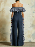 Women's Ruffled Plaid Art Casual Stylish Comfortable Cotton Linen Jumpsuit