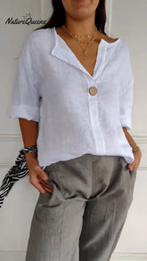 V-neck cotton and linen button top