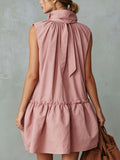 Women's Retro Vacation-style Stand Collar Front-button And Ruffled Trim Pink Cotton-linen Mini Dress