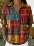 Women's Vintage Patchwork-print Cotton-linen Short-sleeve Shirt