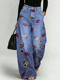 Ladybug And Daisy Decorative Pattern Women's Denim Pants