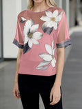 Women's Abstract Print Round-neck Short-sleeve Casual Loose Sheer Chiffon Top