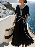 Women's V-neck Short-sleeve Casual Loose Cotton-linen Dress