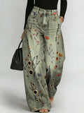 Women's Retro Floral Art Print Casual Stylish Hollow Denim Pants