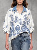 Women's Ethnic Print Cotton Top — Collared 3/4-sleeve Casual Loose Fit