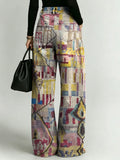 Women's Retro Geometric Color-blocking Patterns Printed Stylish Cutout Casual Denim Jeans