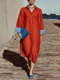 Cotton-linen Blend Loose Shirt Dress With Striped Cuffs